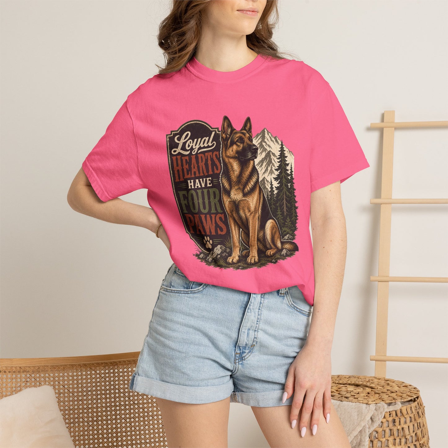 Loyal Hearts Have Four Paws German Shepherd T-shirt | Mountain Forest Dog Design