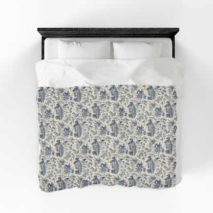 French Harvest Toile Landscape Velveteen Plush Blanket | Vintage Cottage Pattern