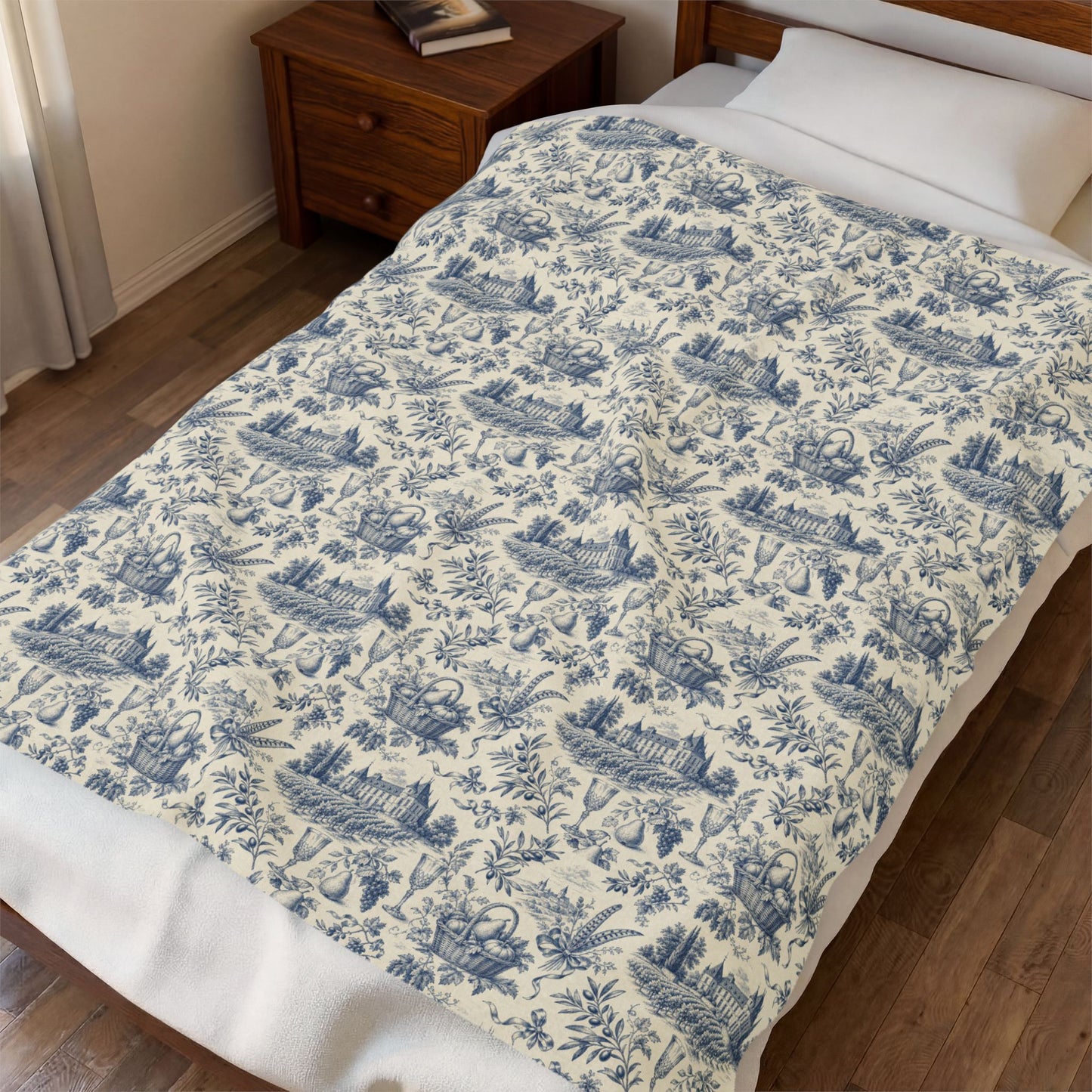 French Harvest Toile Landscape Velveteen Plush Blanket | Vintage Cottage Pattern