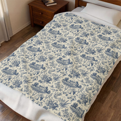 French Harvest Toile Landscape Velveteen Plush Blanket | Vintage Cottage Pattern