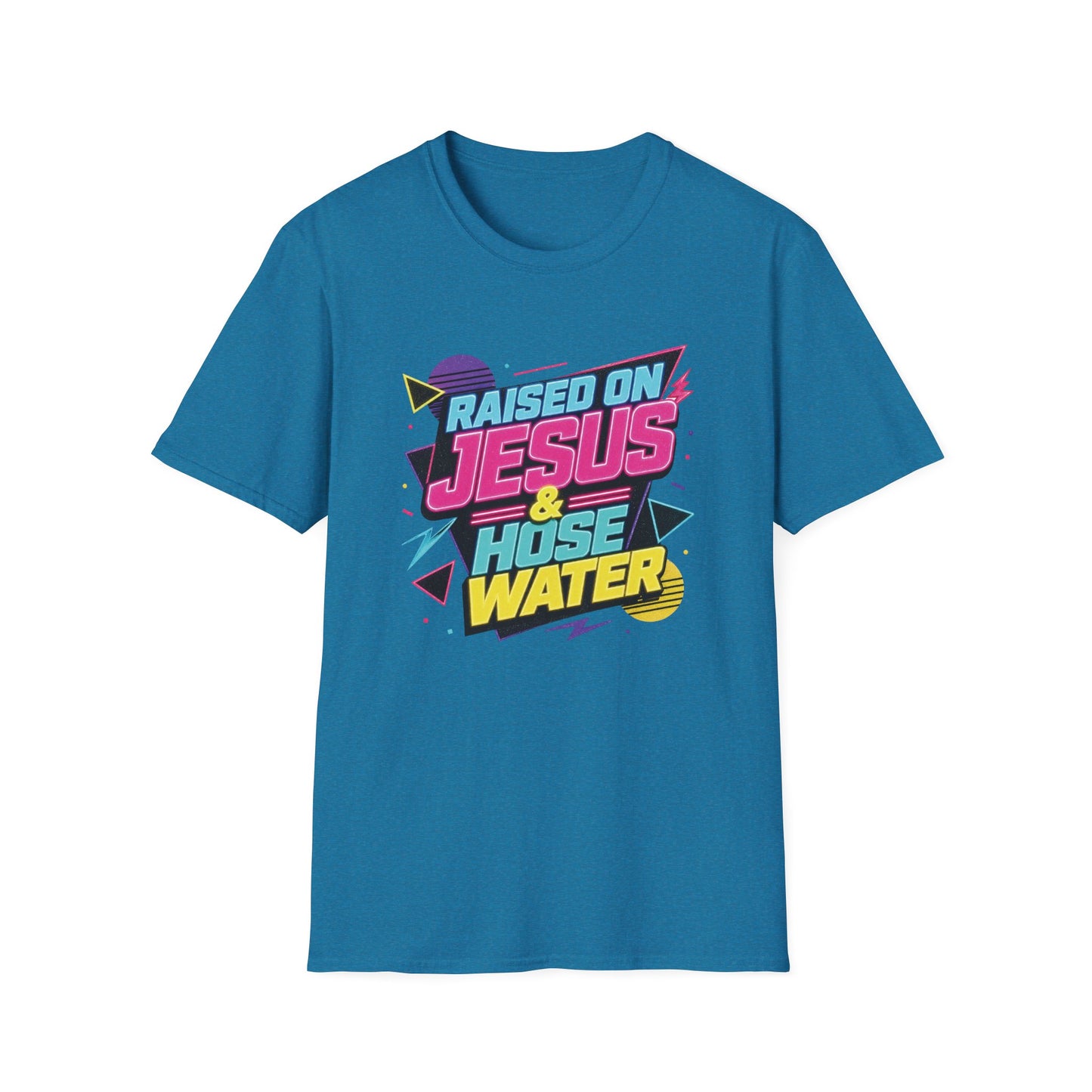 Raised on Jesus & Hose Water T-Shirt | Retro Neon Christian Faith Graphic