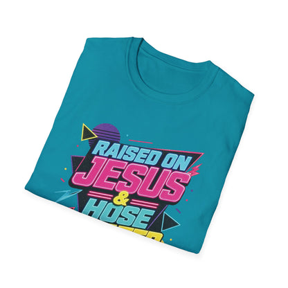 Raised on Jesus & Hose Water T-Shirt | Retro Neon Christian Faith Graphic