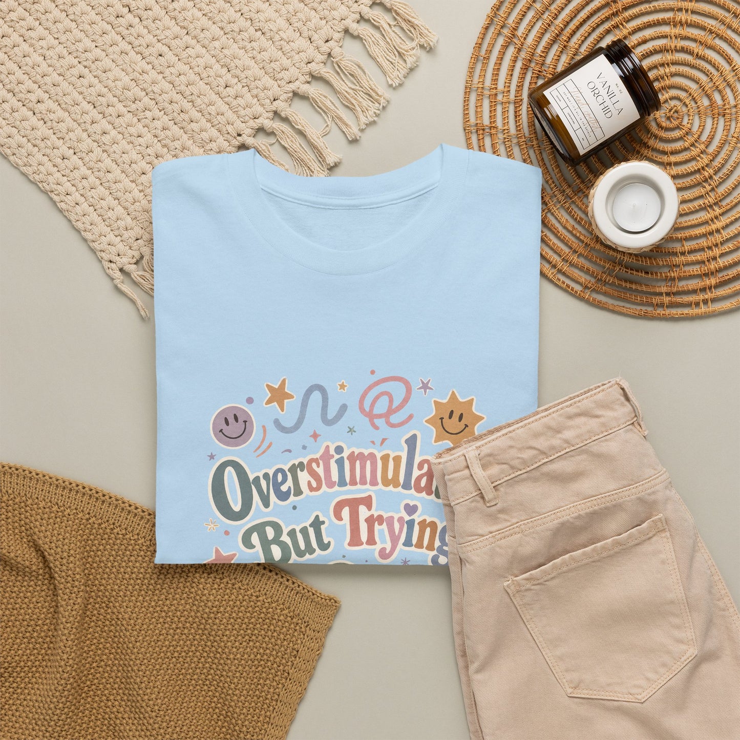 Overstimulated But Trying tee | Funny Mental Health Shirt, Cute Retro Doodles