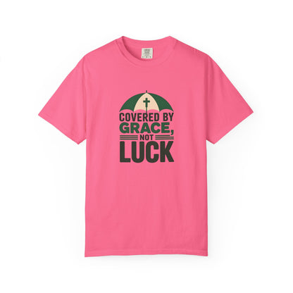 Covered by Grace Not Luck T-Shirt | Christian faith tee, cross graphic