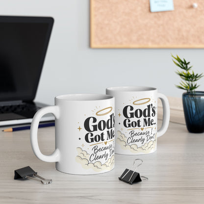 God's Got Me Mug | Religious Christian Coffee Cup with Halo & Clouds