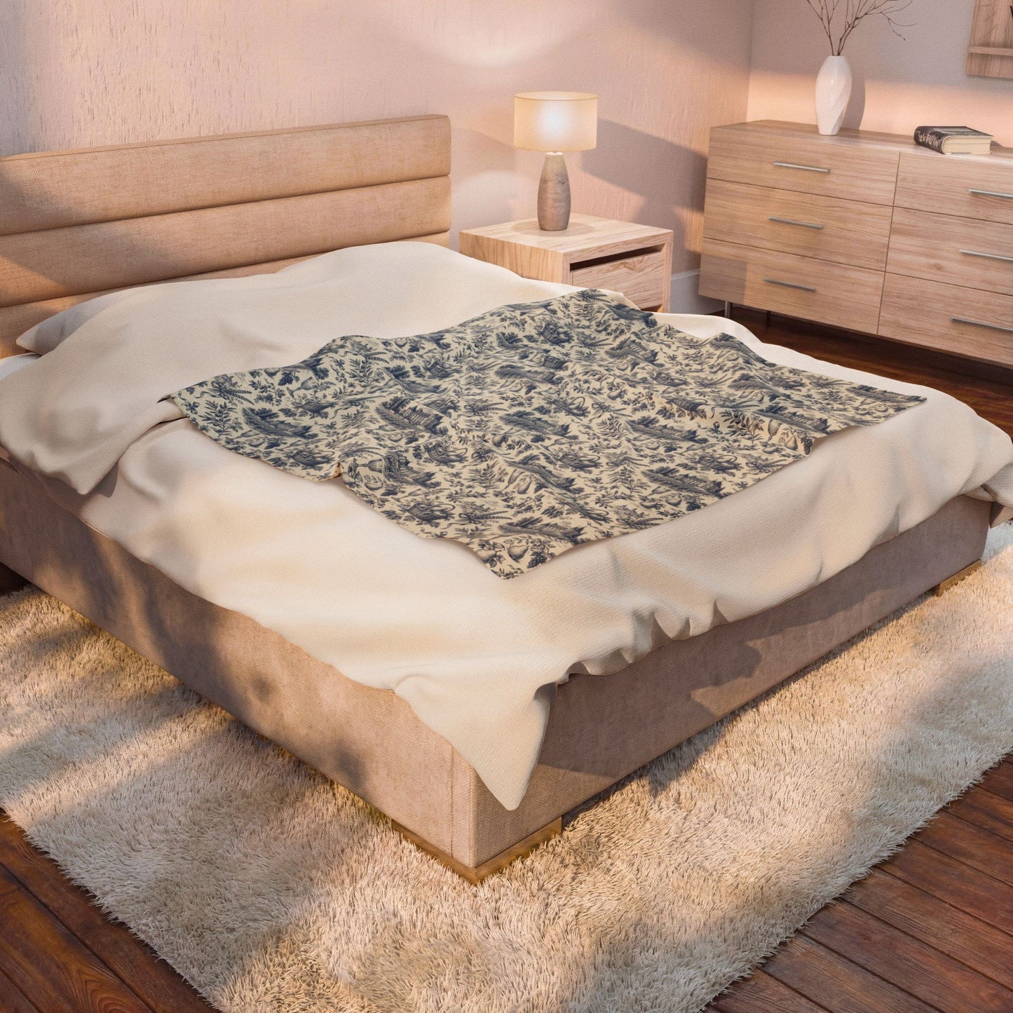 French Harvest Toile Landscape Velveteen Plush Blanket | Vintage Cottage Pattern