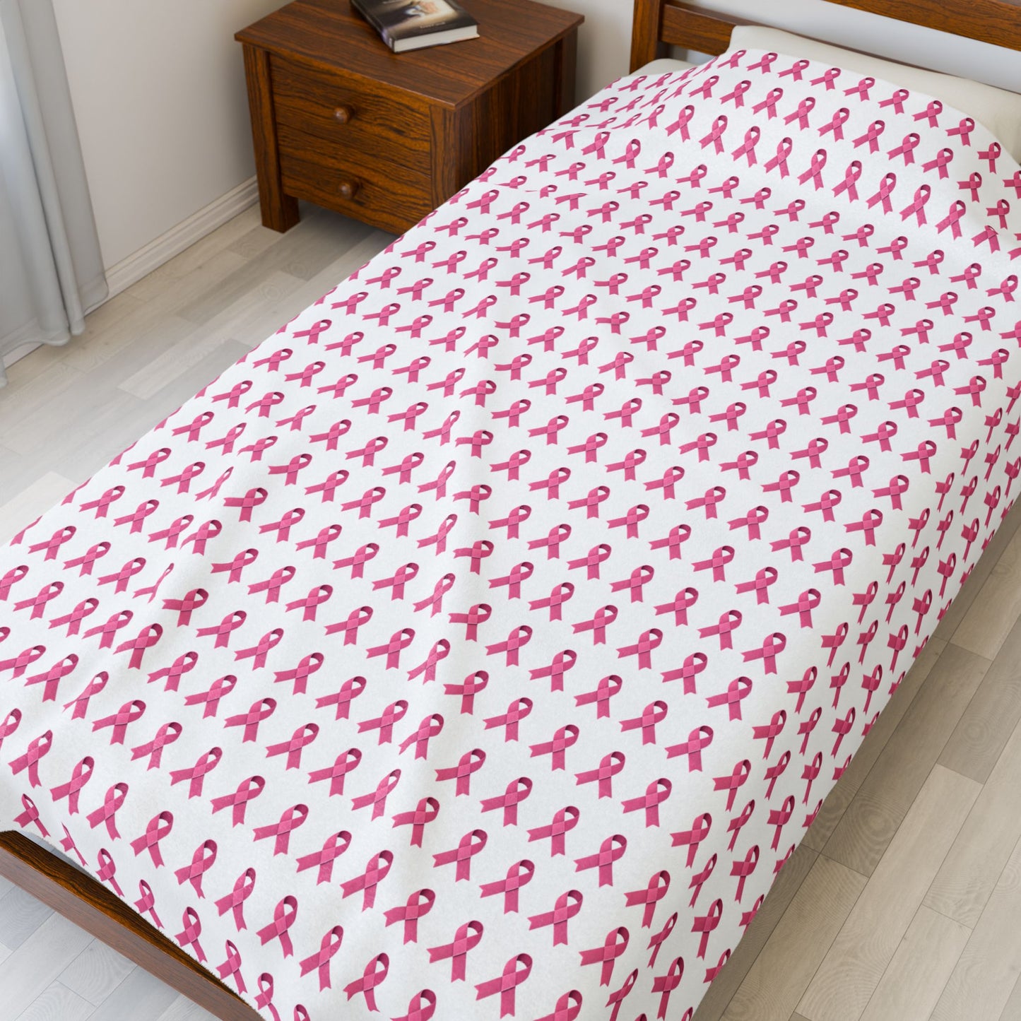 Soft Pink Ribbon Velveteen Blanket | Cozy Plush Throw for Breast Cancer Awareness, Comfort, Gift for Her, Home Decor, Cozy Snuggle, White