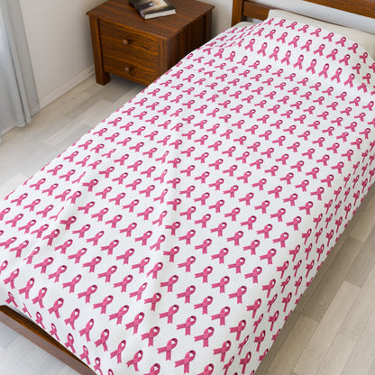 Soft Pink Ribbon Velveteen Blanket | Cozy Plush Throw for Breast Cancer Awareness, Comfort, Gift for Her, Home Decor, Cozy Snuggle, White
