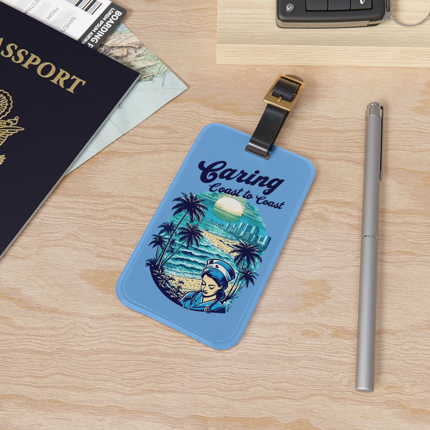Vintage Travel Nurse Luggage Tag, Beach Theme Bag Identifier, Tropical Miami Accessory, Unique Gift for Travelers, Caring Coast to Coast
