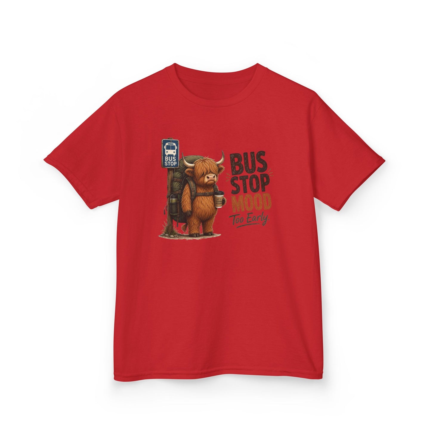 Bus Stop Mood Kids Tee | Grumpy Highland Cow Illustration, Funny Morning Shirt