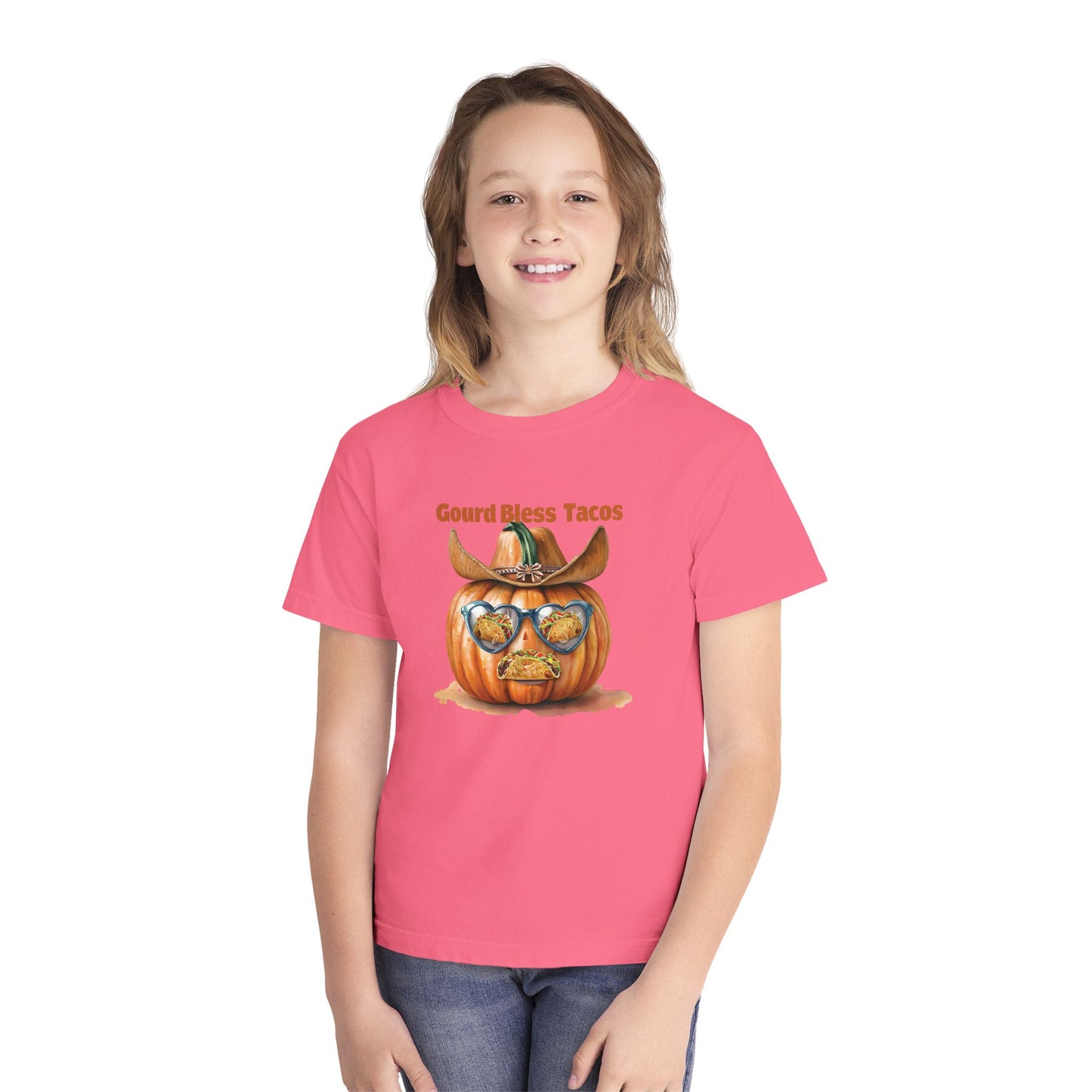 Whimsical Fall Youth Tee - Gourd Bless Tacos, Halloween Shirt, Kids Autumn Apparel, Thanksgiving Humor Top, Funny Seasonal Gift