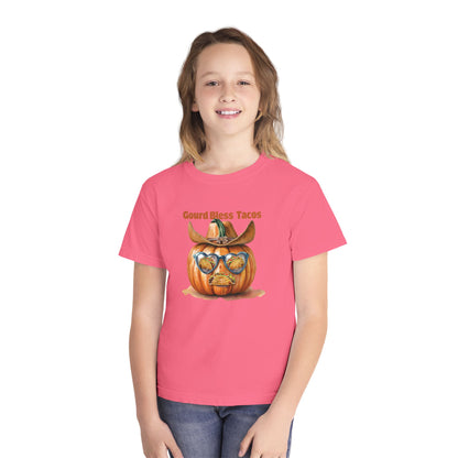 Whimsical Fall Youth Tee - Gourd Bless Tacos, Halloween Shirt, Kids Autumn Apparel, Thanksgiving Humor Top, Funny Seasonal Gift