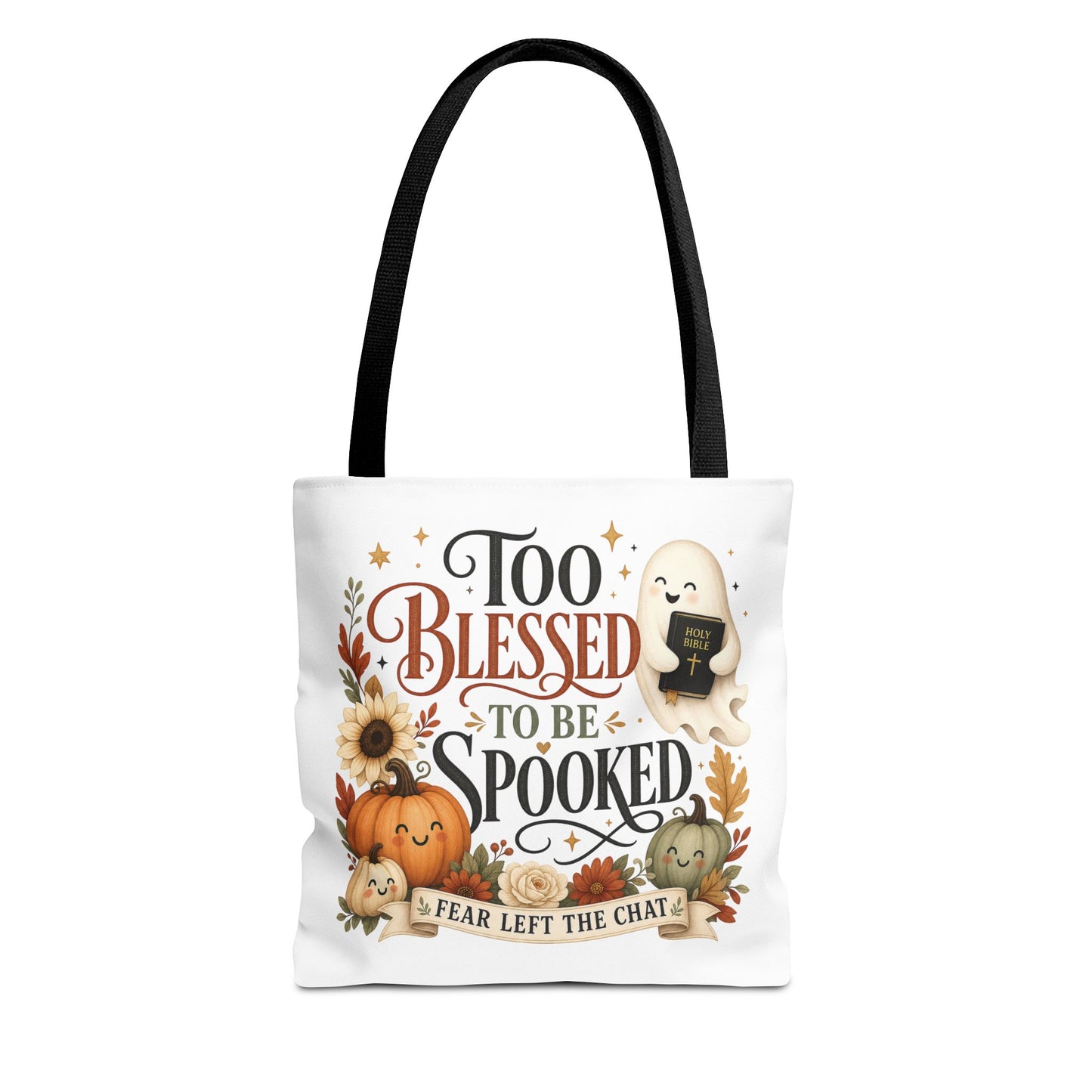 Too Blessed to Be Spooked Tote Bag | Halloween Pumpkin Ghost Fall Leaves