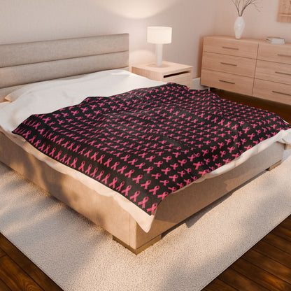 Soft Pink Ribbon Velveteen Blanket | Cozy Plush Throw for Breast Cancer Awareness, Comfort, Gift for Her, Home Decor, Cozy Snuggle, Black