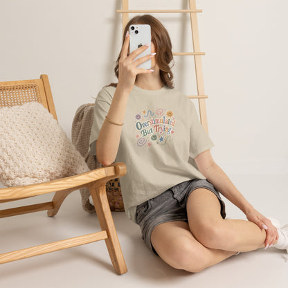 Overstimulated But Trying tee | Funny Mental Health Shirt, Cute Retro Doodles