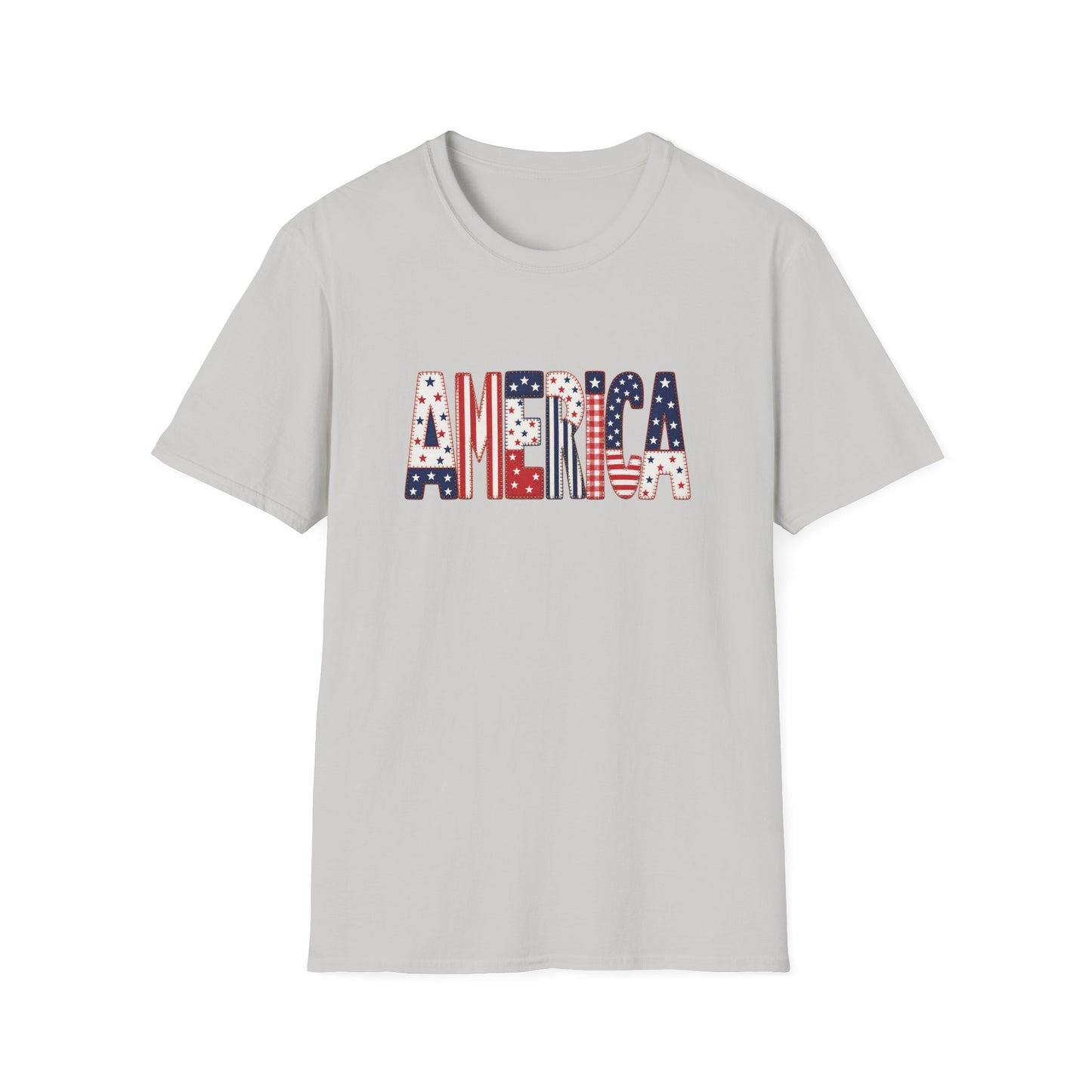 American Flag Patchwork Style Letters T-Shirt | Patriotic Fourth of July Tee