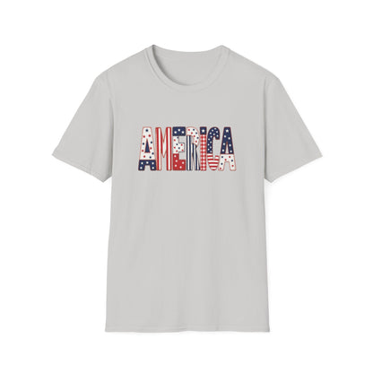 American Flag Patchwork Style Letters T-Shirt | Patriotic Fourth of July Tee