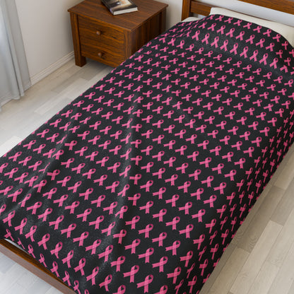 Soft Pink Ribbon Velveteen Blanket | Cozy Plush Throw for Breast Cancer Awareness, Comfort, Gift for Her, Home Decor, Cozy Snuggle, Black