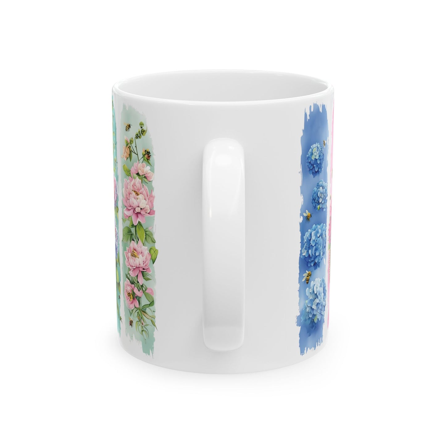 Watercolor Floral Strips Mug | Pink Peonies Blue Hydrangea Ceramic Mug