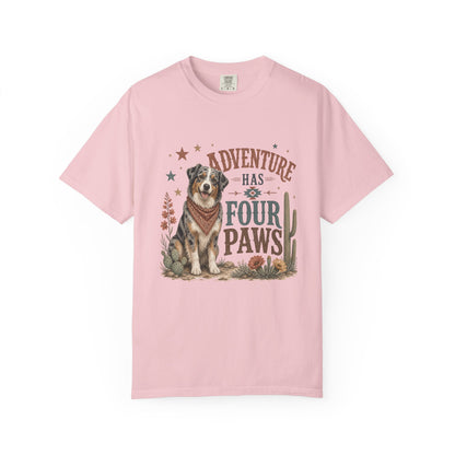 Adventure Has Four Paws T-Shirt | Australian Shepherd Design