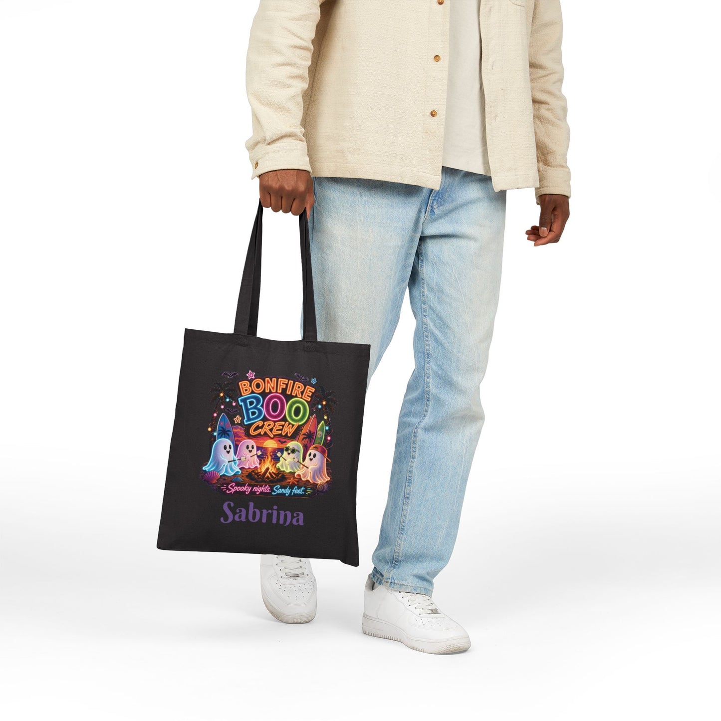 Bonfire Boo Crew Tote Bag | Halloween ghosts, campfire spooky beach design