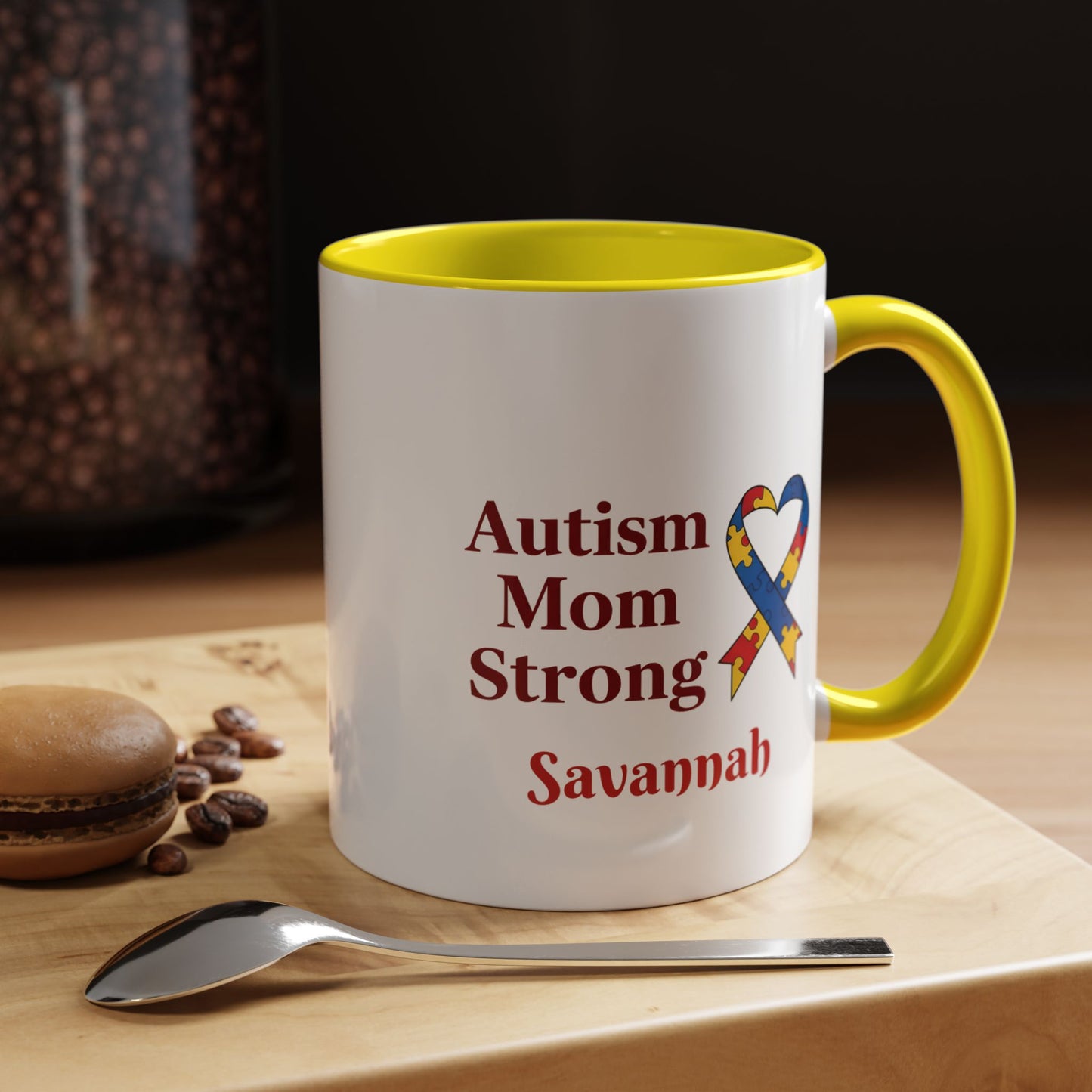 Autism Mom Strong mug | Accent Coffee Mug with Puzzle Ribbon