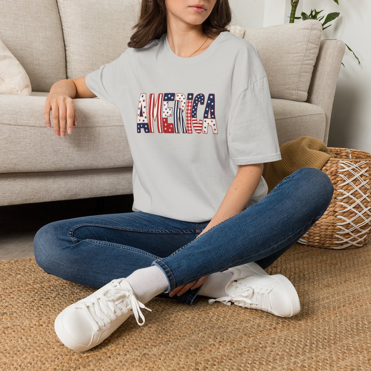 American Flag Patchwork Style Letters T-Shirt | Patriotic Fourth of July Tee