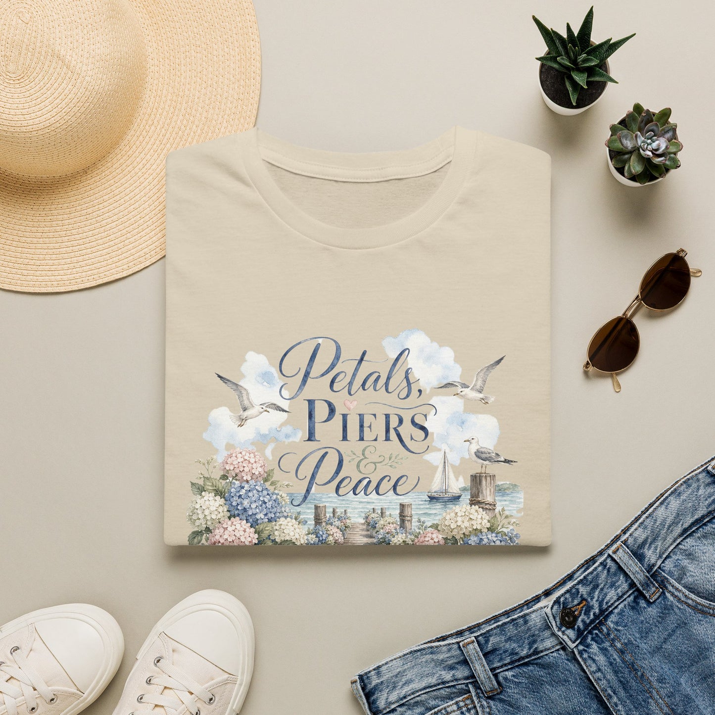 Petals Piers Peace T-Shirt | Coastal Lighthouse Floral Seagulls Design