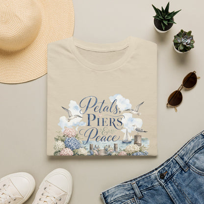 Petals Piers Peace T-Shirt | Coastal Lighthouse Floral Seagulls Design