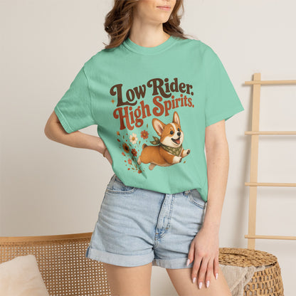Low Rider High Spirits Corgi T-Shirt | Running Corgi Illustration, Autumn Leaves