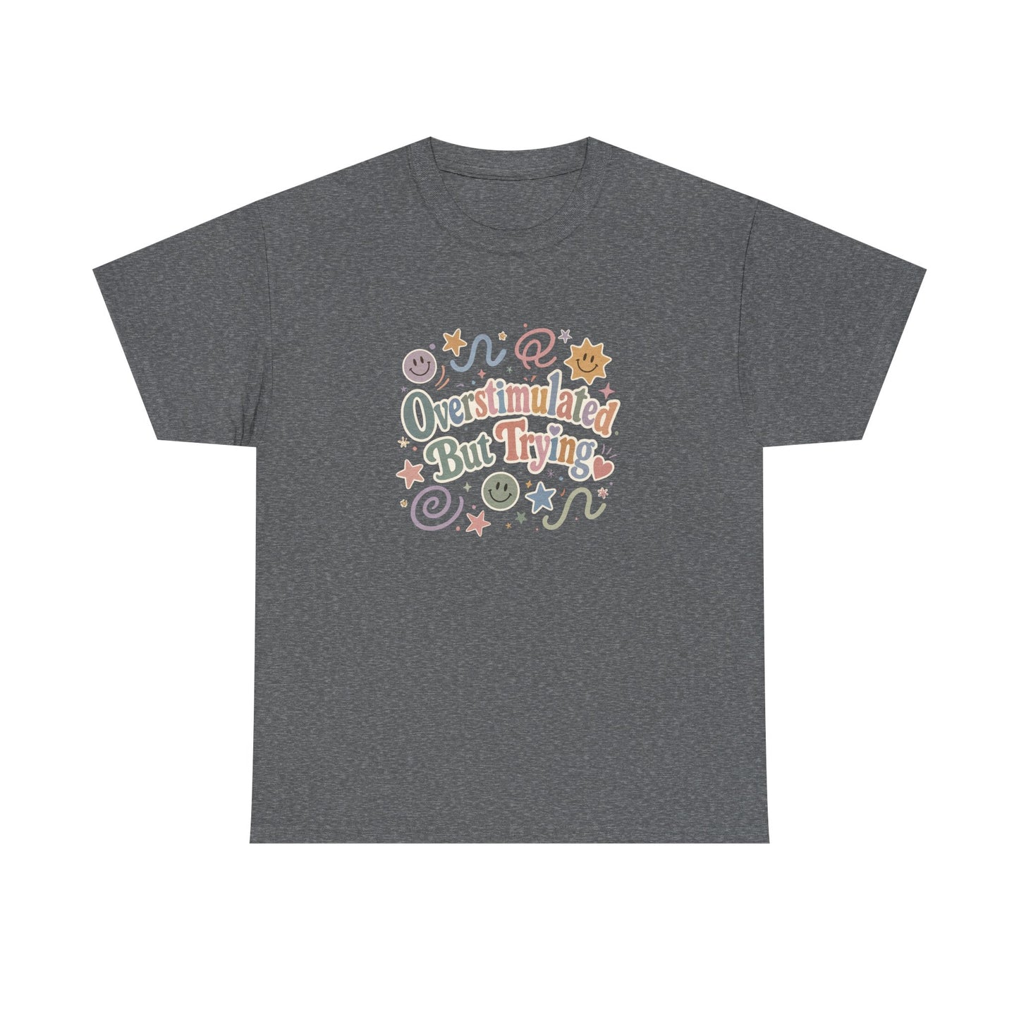 Overstimulated But Trying tee | Funny Mental Health Shirt, Cute Retro Doodles
