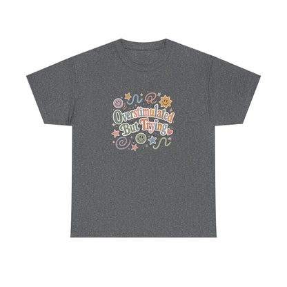 Overstimulated But Trying tee | Funny Mental Health Shirt, Cute Retro Doodles