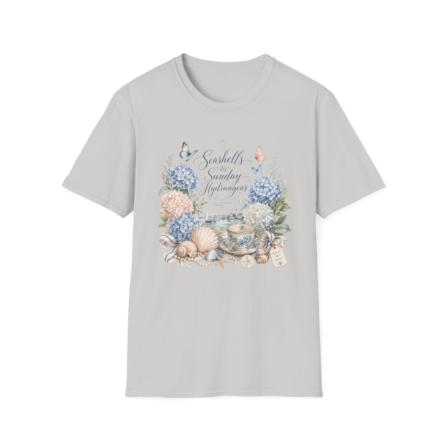 Seashells & Sunday Hydrangeas T-Shirt | Floral Coastal Cottage Shirt