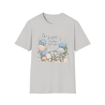 Seashells & Sunday Hydrangeas T-Shirt | Floral Coastal Cottage Shirt