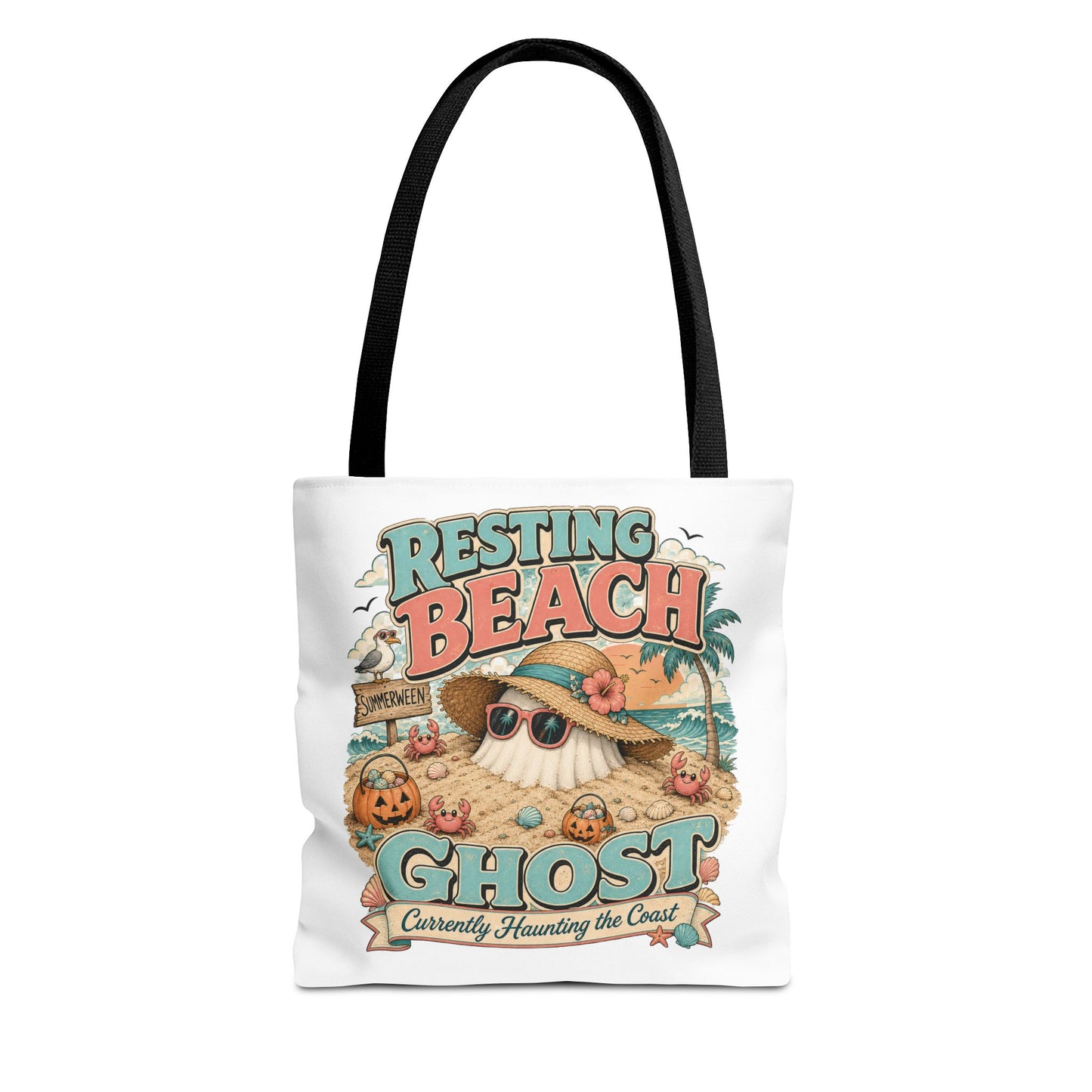 Resting Beach Ghost Tote Bag | Cute Halloween Beach Ghost Illustration