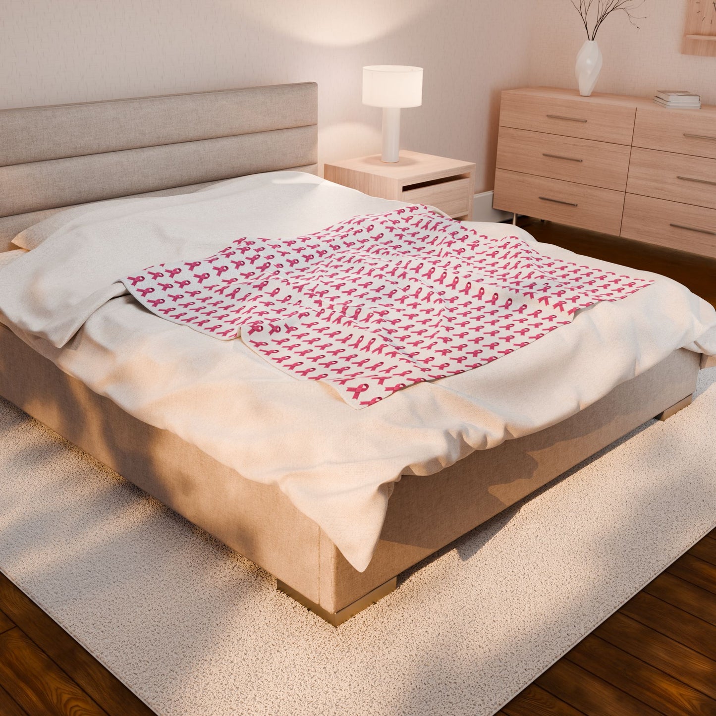 Soft Pink Ribbon Velveteen Blanket | Cozy Plush Throw for Breast Cancer Awareness, Comfort, Gift for Her, Home Decor, Cozy Snuggle, White
