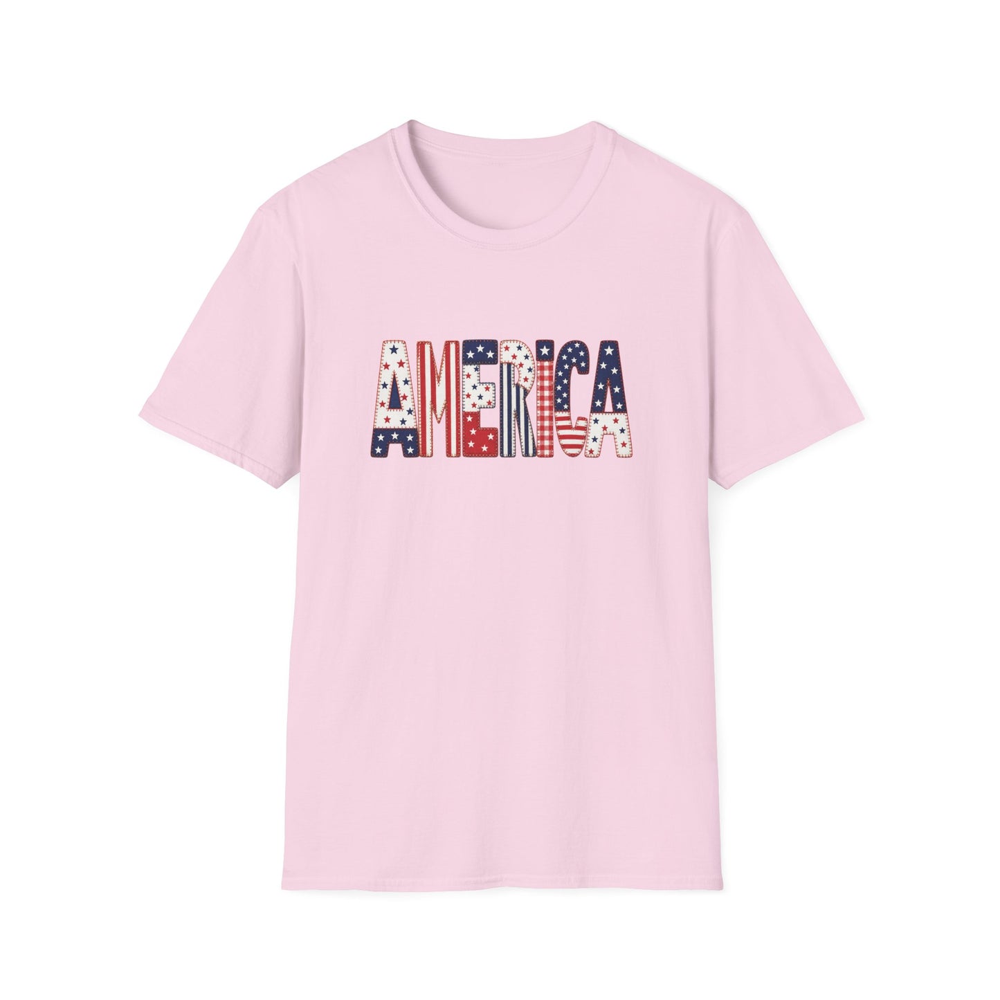 American Flag Patchwork Style Letters T-Shirt | Patriotic Fourth of July Tee