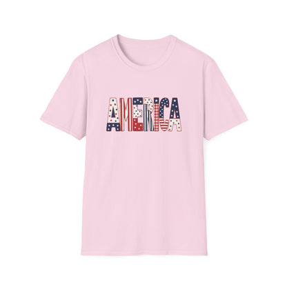 American Flag Patchwork Style Letters T-Shirt | Patriotic Fourth of July Tee