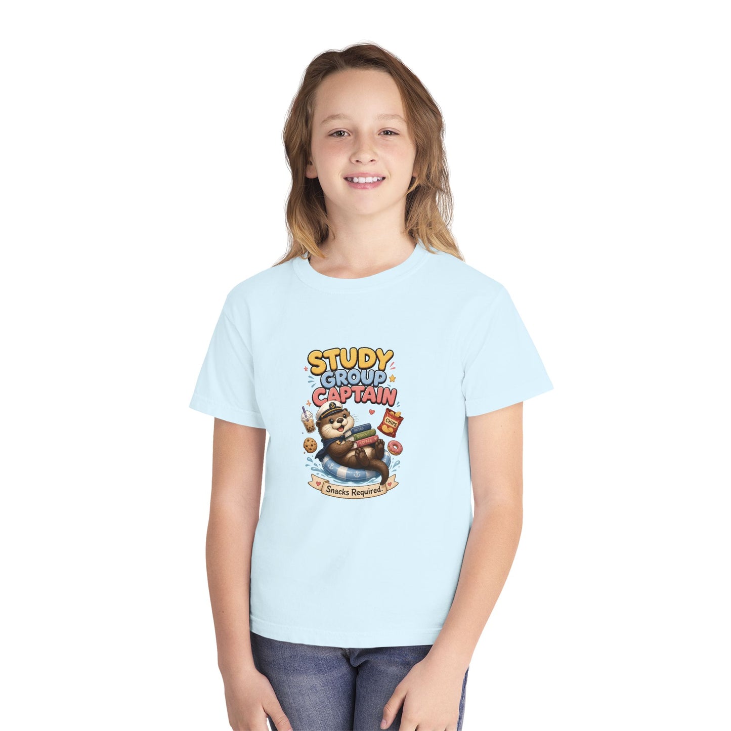 Study Group Captain Youth Tee | Sloth Studying Snacks Graphic
