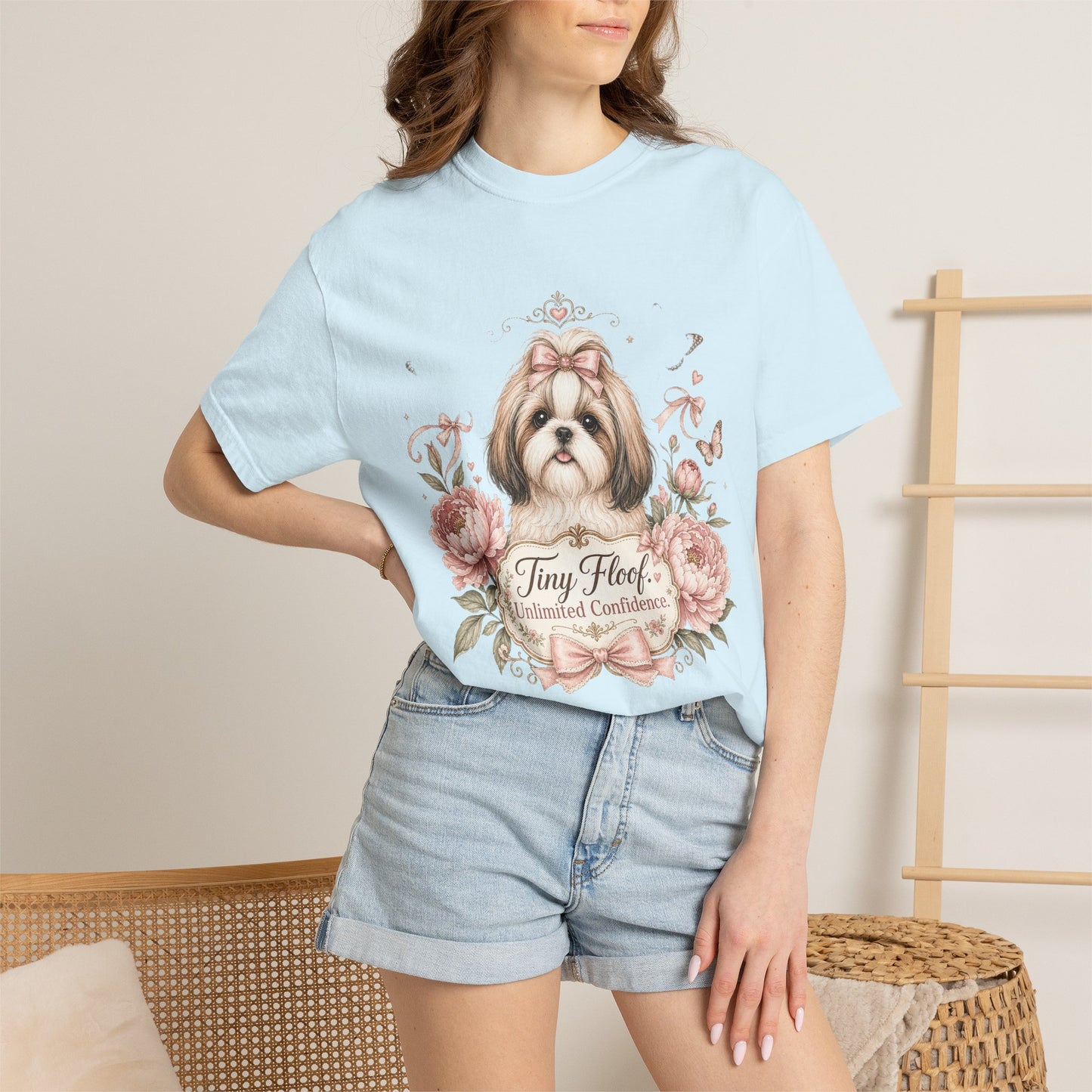 Shih Tzu Floral Portrait T-Shirt | Tiny Floof Illustration, Pink Roses