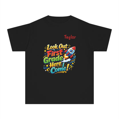 First Grade Here I Come Youth Tee | Rocket Back to School Shirt