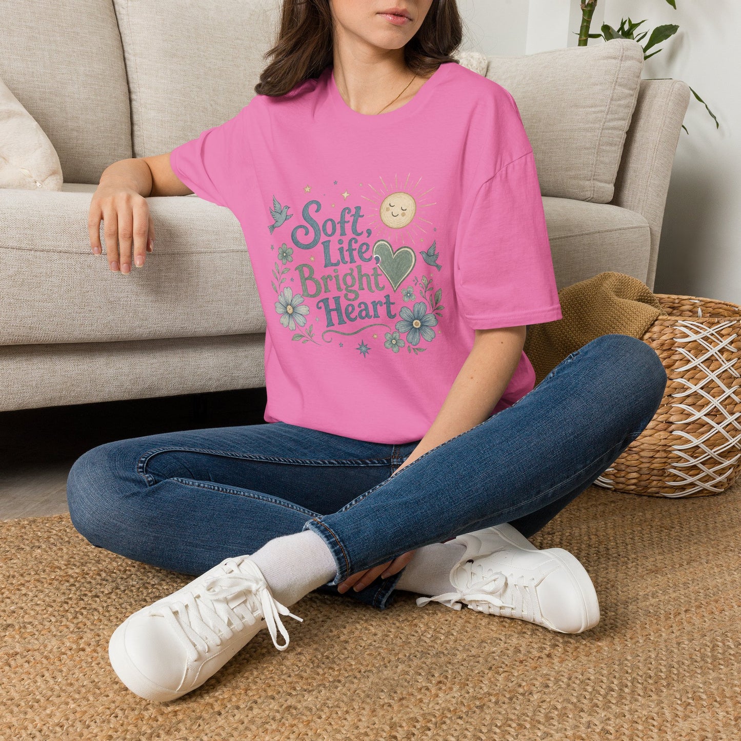 Soft Life Bright Heart T-Shirt | sun, doves, floral graphic