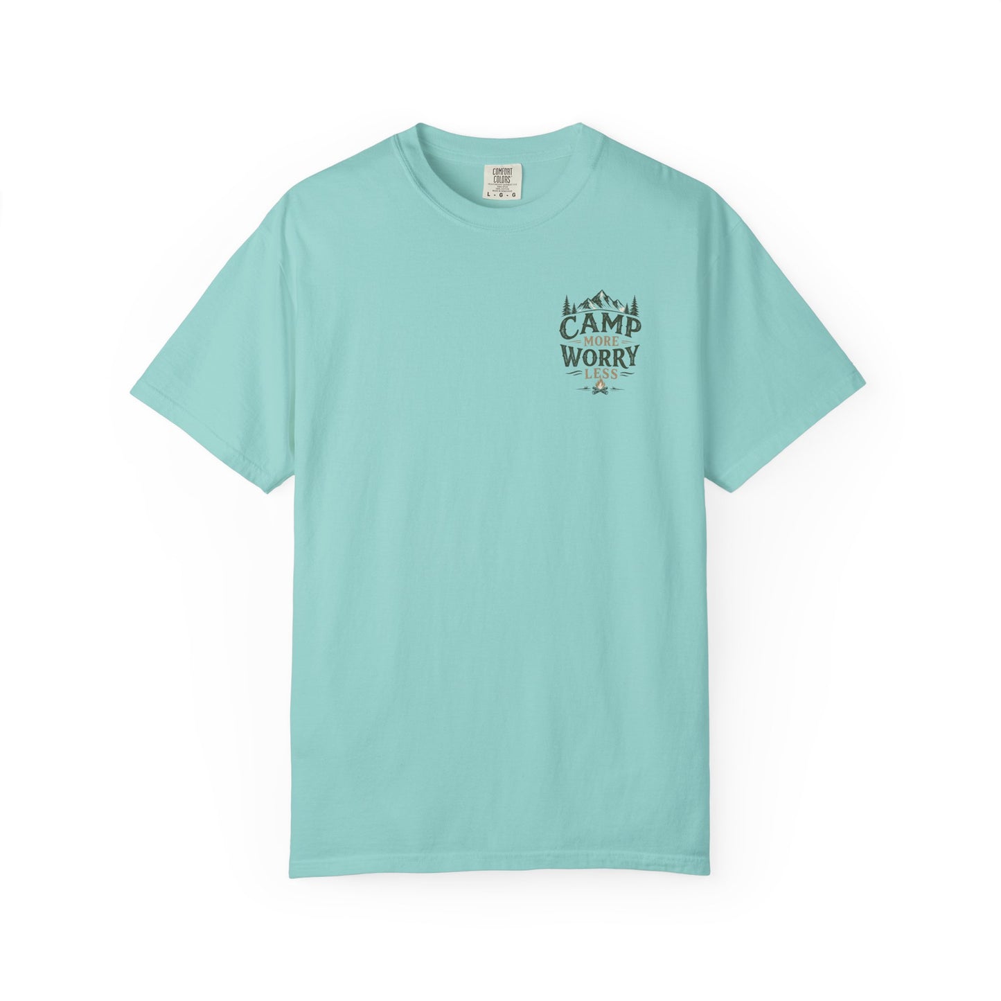 Camp More Worry Less T-shirt | Camping Mountains Pine Trees Design