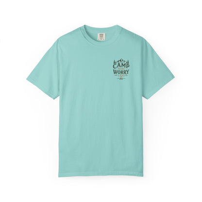 Camp More Worry Less T-shirt | Camping Mountains Pine Trees Design