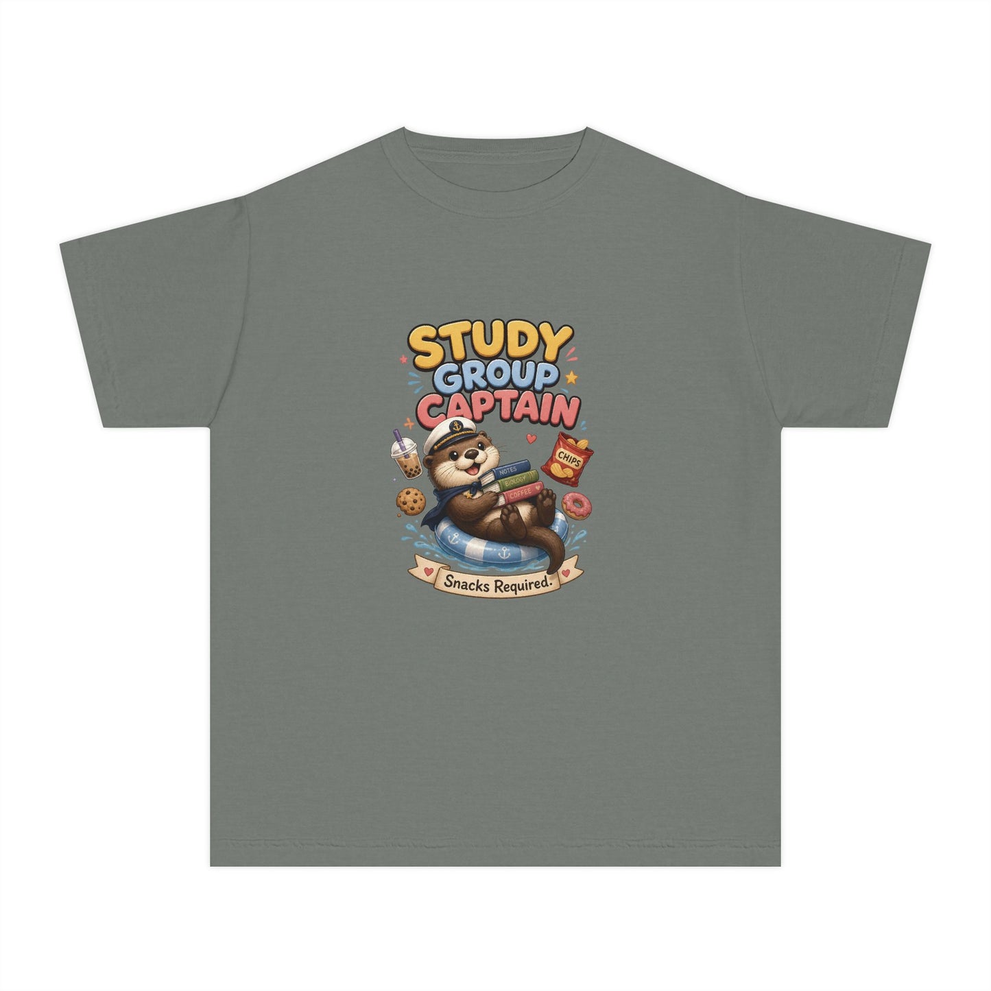 Study Group Captain Youth Tee | Sloth Studying Snacks Graphic