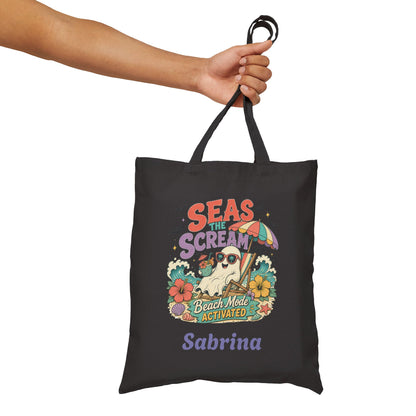 Seas the Scream beach pug illustration Tote Bag | personalized name option