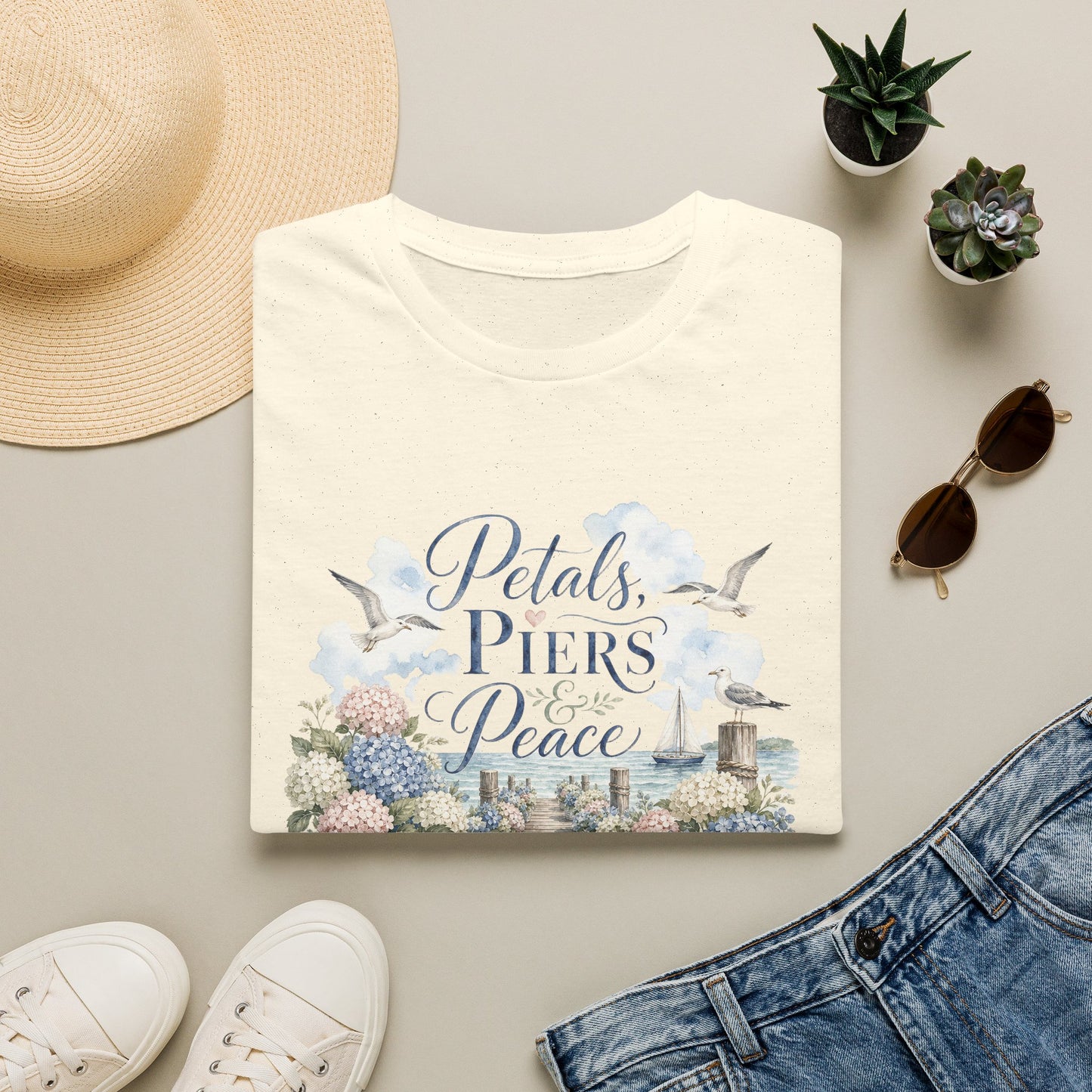 Petals Piers Peace T-Shirt | Coastal Lighthouse Floral Seagulls Design