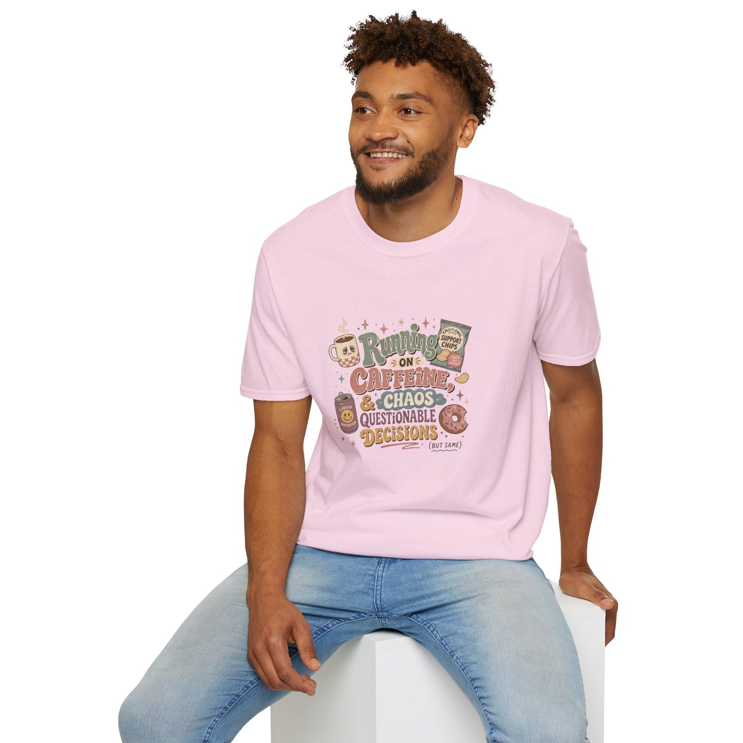 Running on Caffeine & Chaos T-Shirt | Coffee Mug Donut Illustration