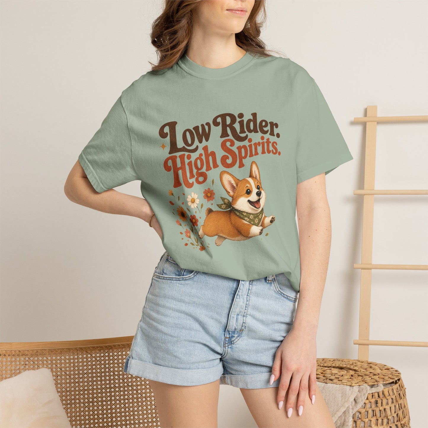 Low Rider High Spirits Corgi T-Shirt | Running Corgi Illustration, Autumn Leaves