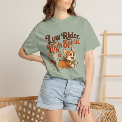 Low Rider High Spirits Corgi T-Shirt | Running Corgi Illustration, Autumn Leaves